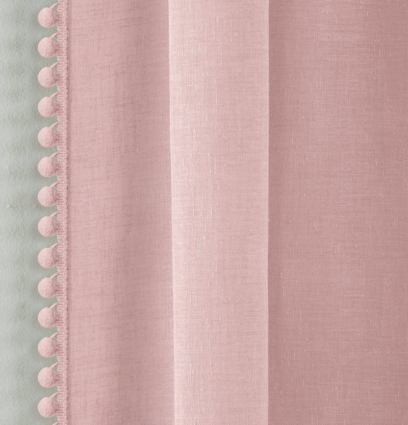 Pair of Tahiti Blush Pom-Pom Trim Linen Look Voile Panels with Rod Pocket Header 137 CMS
