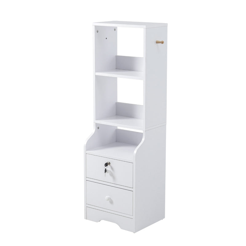 Livingandhome White Slim Storage Shelving Unit with Lockable Drawer