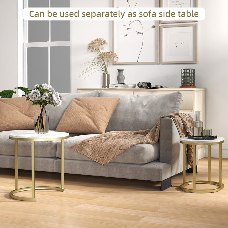 HOMCOM 2 Pcs Coffee Table with Faux Marble Side Accent Tables White