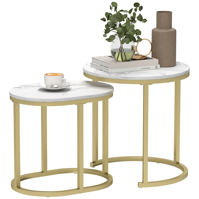 HOMCOM 2 Pcs Coffee Table with Faux Marble Side Accent Tables White
