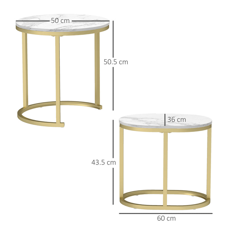 HOMCOM 2 Pcs Coffee Table with Faux Marble Side Accent Tables White