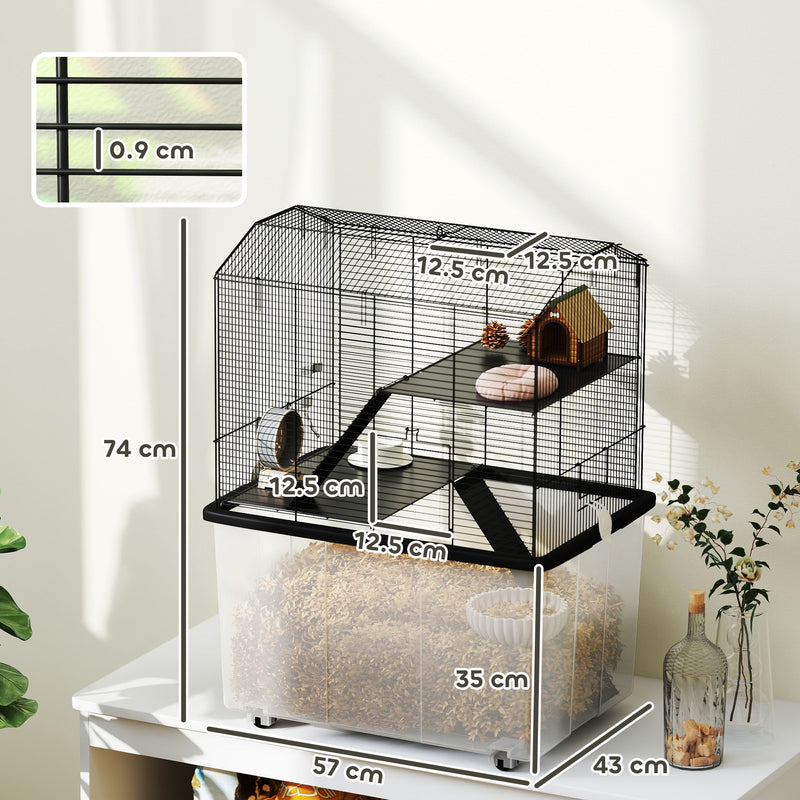 PawHut Hamster Cage, Three-Tier Gerbil Cage w/ Deep Bottom, Ramp, Food Dish