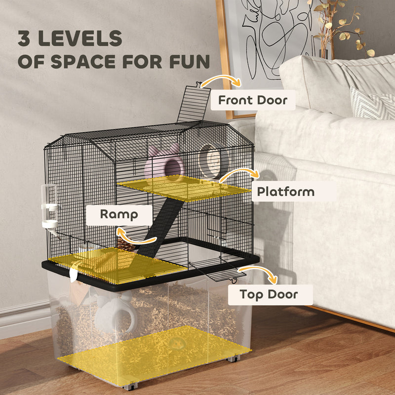 PawHut Hamster Cage, Three-Tier Gerbil Cage w/ Deep Bottom, Ramp, Food Dish