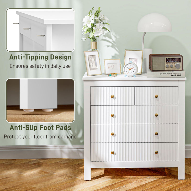 HOMCOM Fluted Bedroom Chest of Drawers w/ 5 Drawers Gold Tone Handles