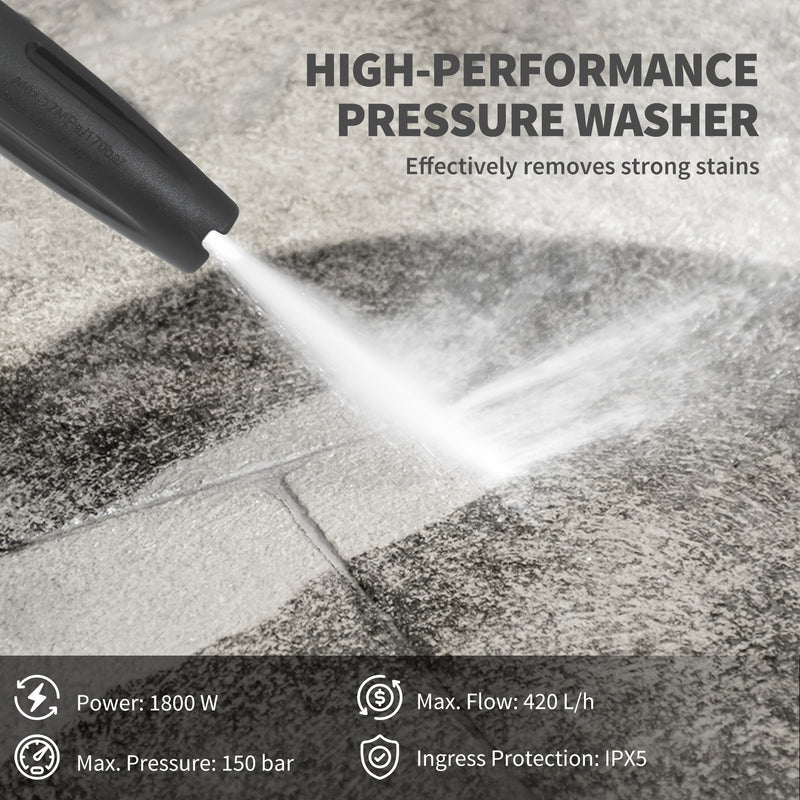 Outsunny 1800W Power Washer 150 Bar Pressure With Adjustable Nozzle
