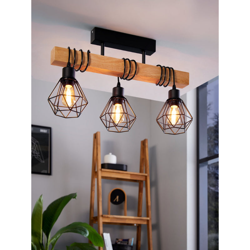 EGLO Townshend Industrial Ceiling Light with 3 Bulbs - Black