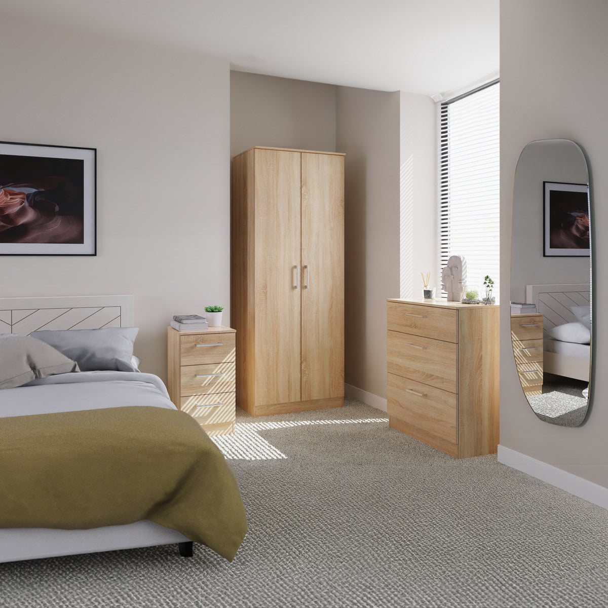 Denver Ready Assembled 3 Piece Bedroom Furniture Set - Oak