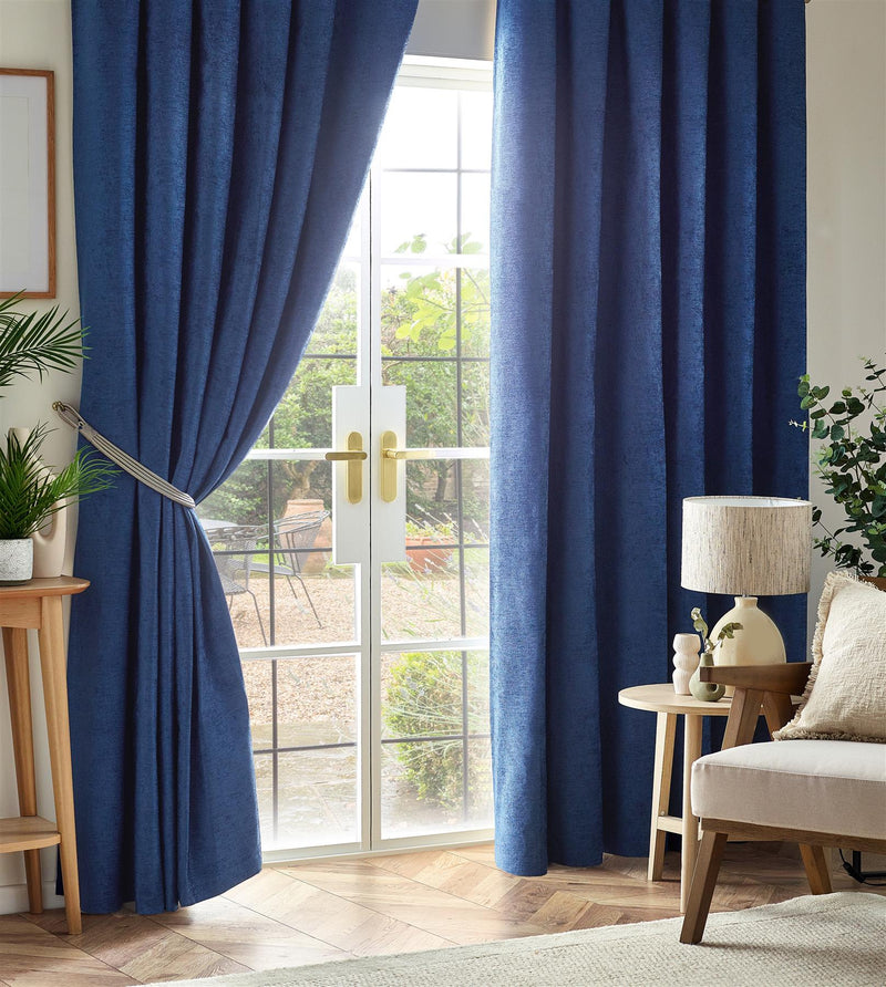 Chenille Blackout Taped Curtains Blue