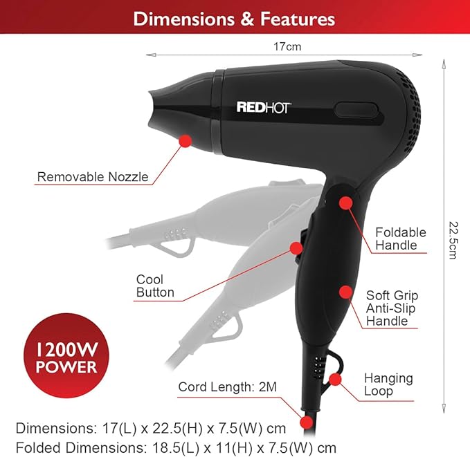 Red Hot 1200W Travel Hair Dryer