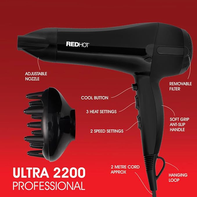 Red Hot 2200w Professional Hair Dryer With Diffuser