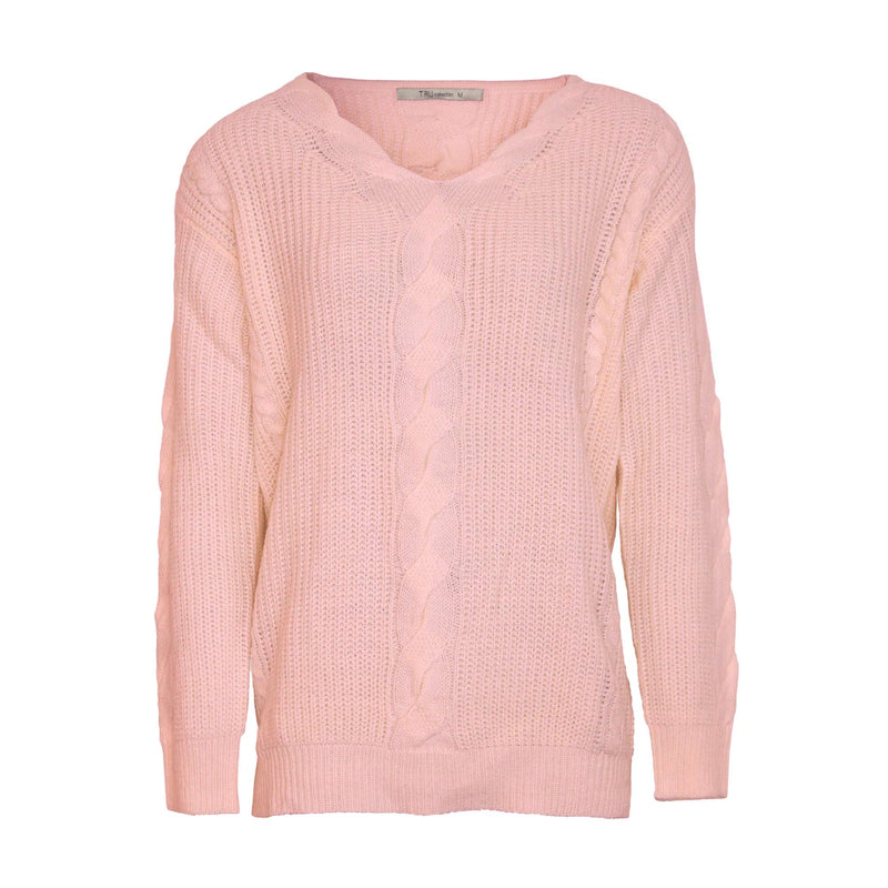 Cable Vee Neck Sweater  - Pink