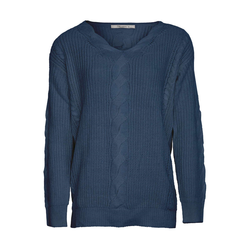 Cable Vee Neck Sweater - Navy