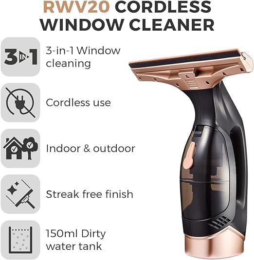 Tower RVW10 Cordless Window Cleaner with Rechargeable Battery, 150 ml Water Tank, 20 W, Rose Gold