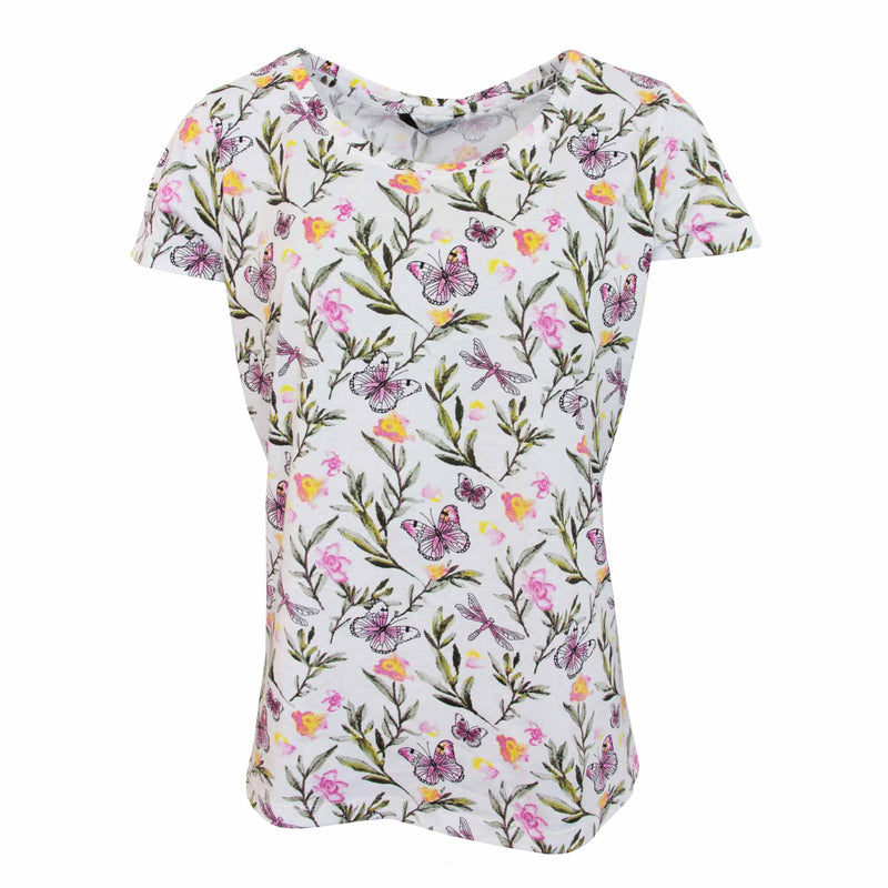 Scoop Neck Floral Butterfly & Dragonfly T Shirt - White