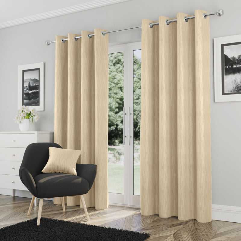 Enhanced Living Goodwood Cream Thermal, Energy Saving, Dimout Eyelet Curtains with Wave Pattern - Pair