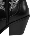 Embroidered Pointed Toe Cowboy Ankle Boots With Block Heel - Black