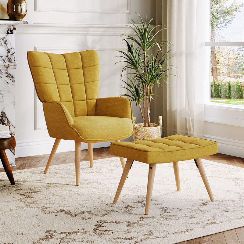 Livingandhome Yellow Linen Armchair with Matching Footstool