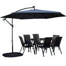 Outdoor 6 Person Rectangular Glass Top Garden Dining Table Chairs With Blue Banana Lit Parasol and Base