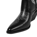Embroidered Pointed Toe Cowboy Ankle Boots With Block Heel - Black
