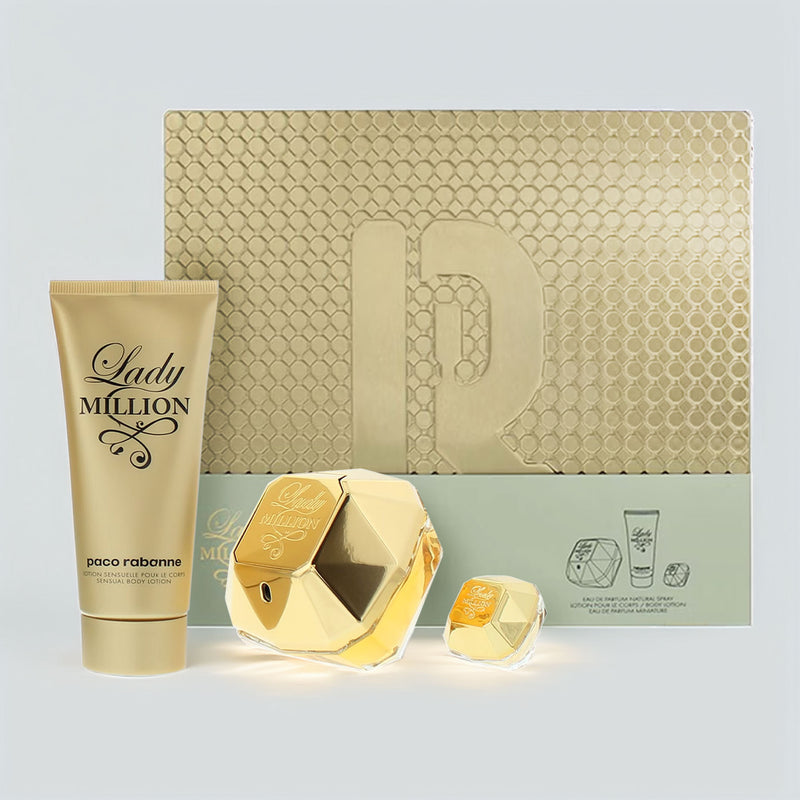 Paco Rabanne Lady Million 3 Piece Gift Set: Eau De Parfum 80ml - Body Lotion 100ml - Eau De Parfum 5ml