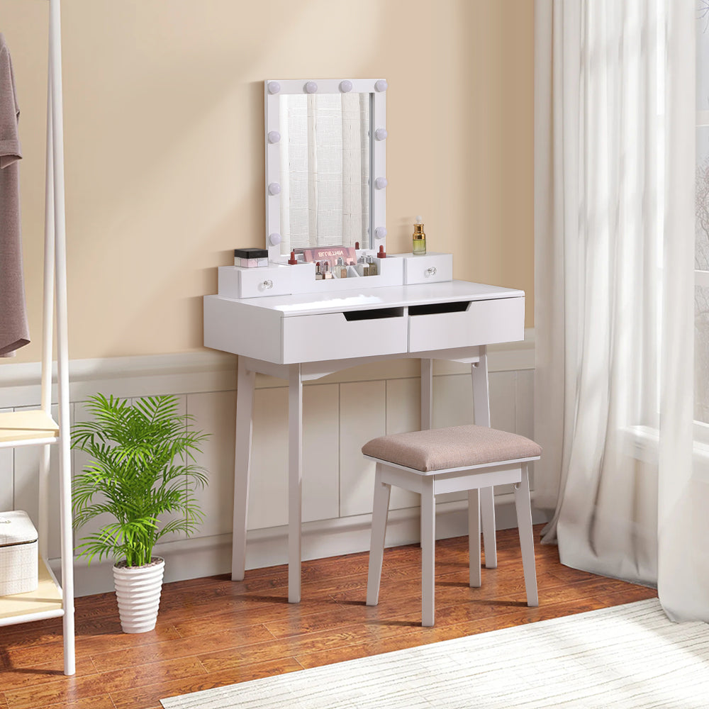 Livingandhome MDF Vanity Table With Storage Drawers And Padded Stool