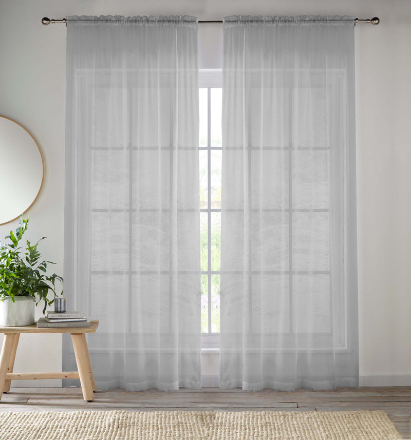 Sheer Silver Plain Woven Voile Slot Top Curtain Panel Pair