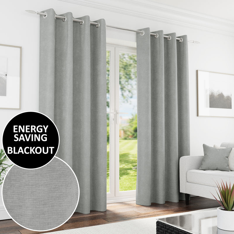 Enhanced Living Knightsbridge 100% Blackout, Thermal Grey Curtains with Eyelet Header - Pair