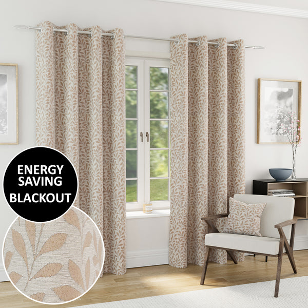 Enhanced Living Sherwood 100% Blackout, Thermal Natural Cream/Beige Curtains With Eyelet Header - Pair