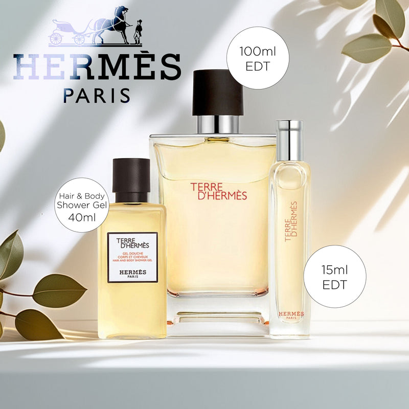Hermès 香水　Terre d'Hermès 3点セット　ギフト箱 Hermès Terre D'hermès Eau De Toilette 100ml 3 Piece Gift Set: 15ml- Ea