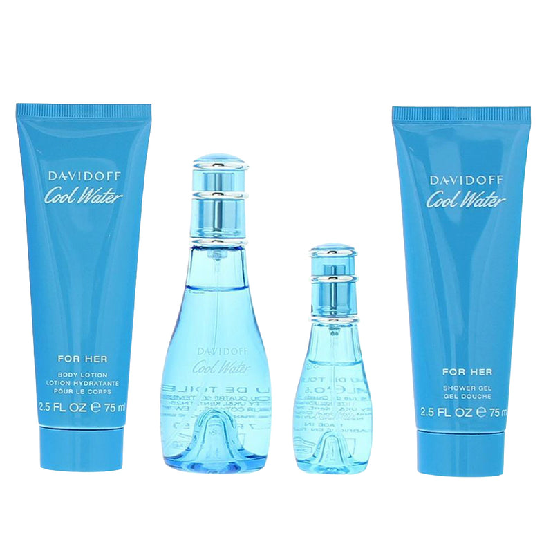 Davidoff Cool Water Woman 4 Piece Gift Set: Eau De Toilette 50ml, Shower Gel, Body Lotion, Eau De Toilette 15ml