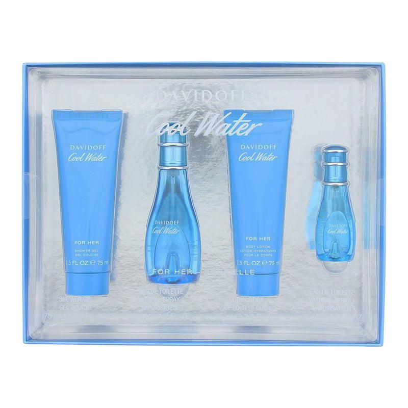 Davidoff Cool Water Woman 4 Piece Gift Set: Eau De Toilette 50ml, Shower Gel, Body Lotion, Eau De Toilette 15ml