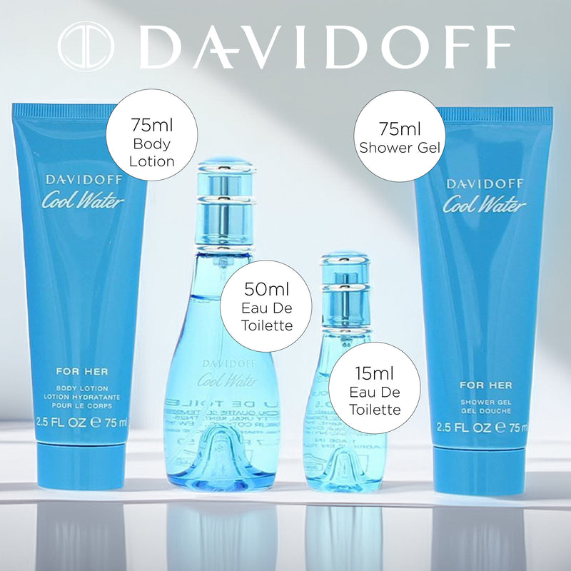 Davidoff Cool Water Woman 4 Piece Gift Set: Eau De Toilette 50ml, Shower Gel, Body Lotion, Eau De Toilette 15ml