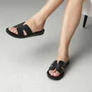 Black Flat Slide Leather Sandals