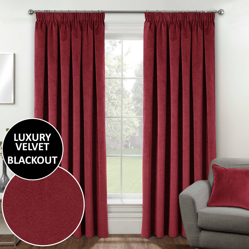 Luxury Enhanced Living Red Velvet, Supersoft, 100% Blackout, Thermal Curtains with Tape Top - Red