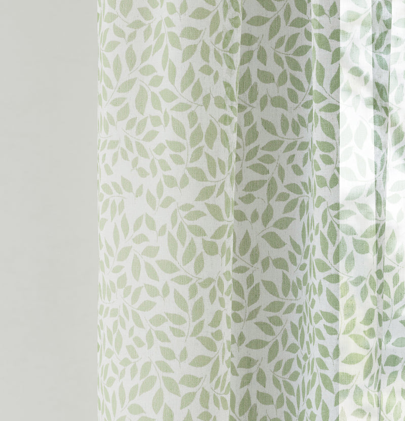 Pair of Willow Green Leaf Print on Linen Look Panels, with Rod Pocket Header