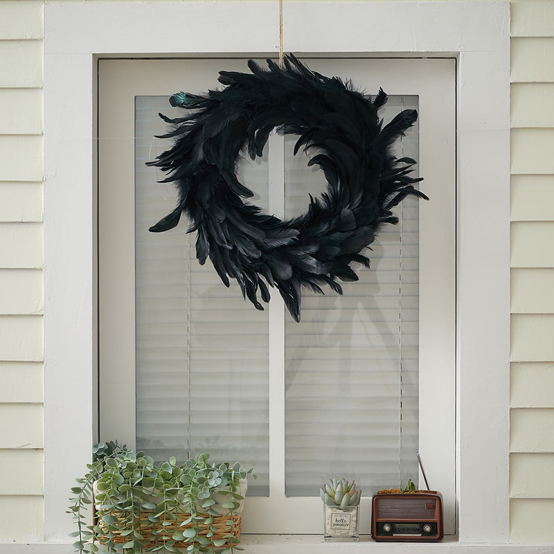 Black Feather Wreath with Lights for Halloween