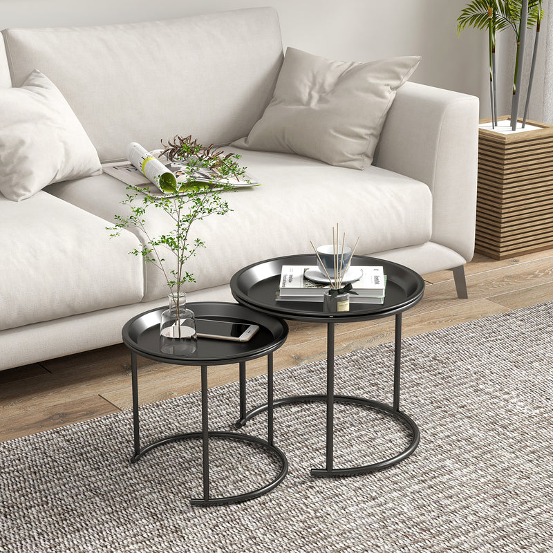 HOMCOM Nesting Tables Set of 2, End Table with Removable Tabletop Tray Black