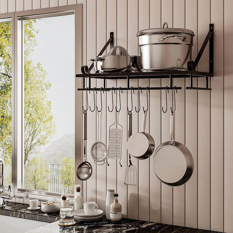 Lifeideas Kitchen Metal Shelves Saucepan Pan Pot Rack Storage Shelf with 10 Hooks Wall Mounted