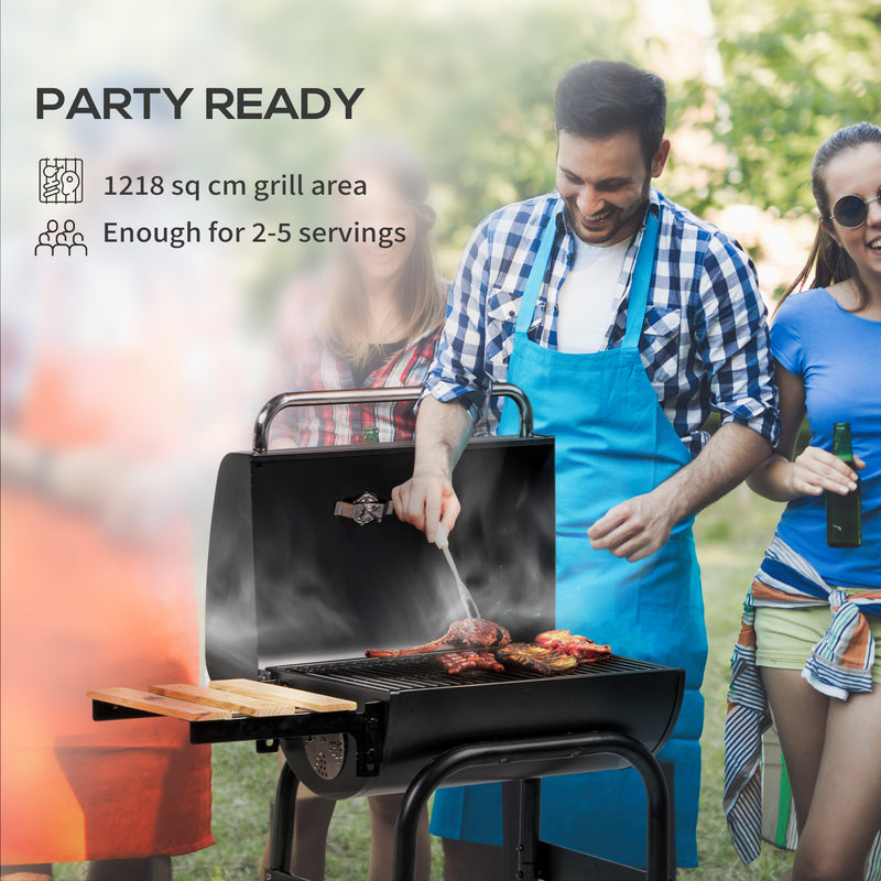 Outsunny Charcoal Barbecue BBQ Grill Trolley W/ Shelves, Lid And Thermometer
