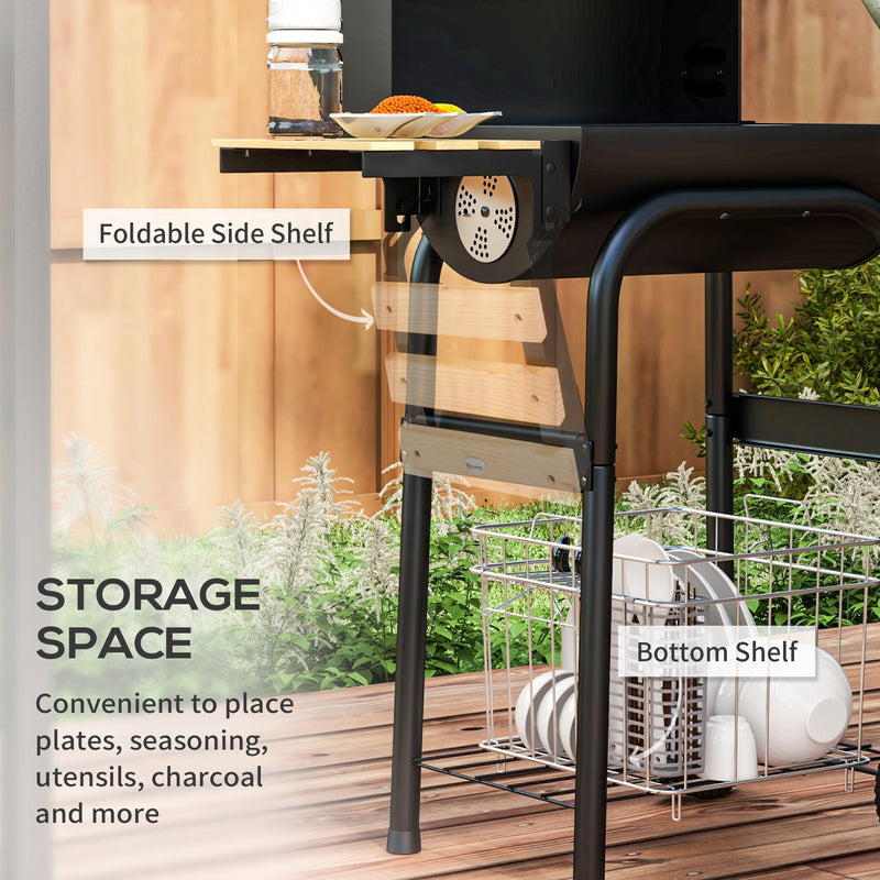 Outsunny Charcoal Barbecue BBQ Grill Trolley W/ Shelves, Lid And Thermometer