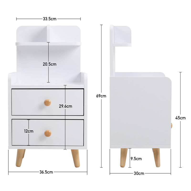 Livingandhome Wooden 2-Drawer Bedside Table Nightstand with a Shelf and Wooden Legs