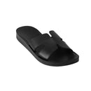 Black Flat Slide Leather Sandals