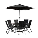 Outdoor 6 Person Rectangular Glass Top Garden Dining Table Chairs With Black Parasol and Base Set