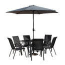 Outdoor 6 Person Rectangular Glass Top Garden Dining Table Chairs With Grey Parasol and Base Set