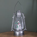 24cm Dual Powered Light up Silver Antique Lantern Christmas Water Spinner with Snowman Scene