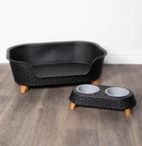 77cm x 58cm Black Plastic Raised Pet Basket with Legs and Black Plastic Double Pet Bowl Feeder with Stand Set