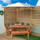 Outdoor 6 Person Rectangular Wooden Garden Dining Table, 2 Benches, Chairs with Cream Parasol and Base Set