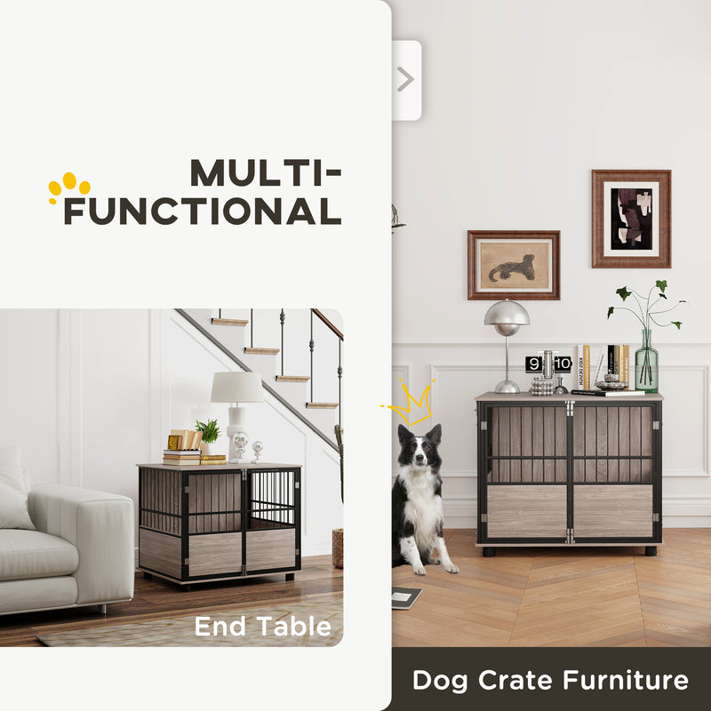 PawHut 80cm Dog Crate Furniture Dog Cage End Table Indoor w/ Doors, Cushion