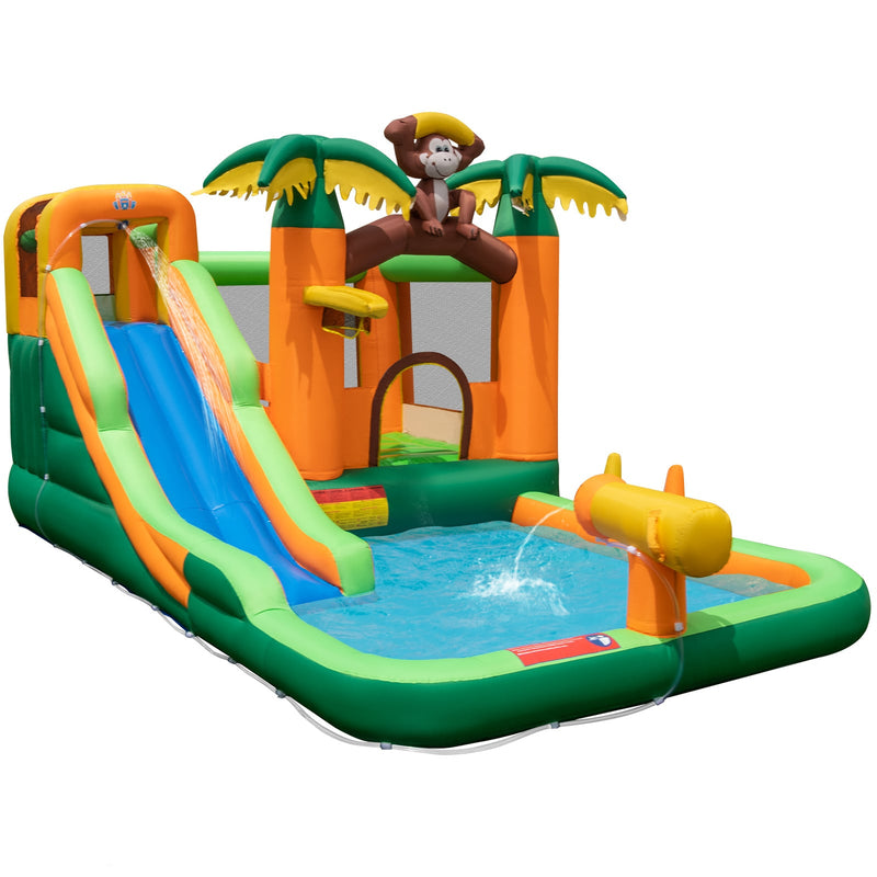 6-in-1 Monkey Themed Inflatable Water Slide Park with Slide and Splash
