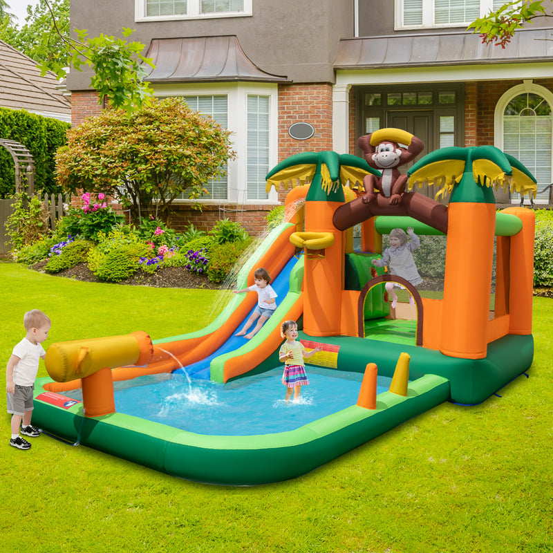 6-in-1 Monkey Themed Inflatable Water Slide Park with Slide and Splash
